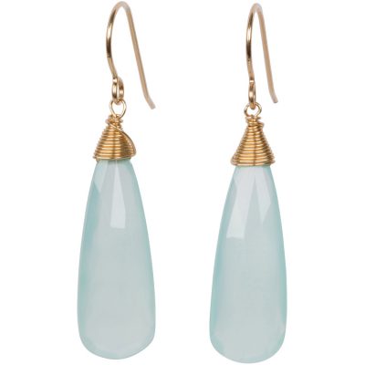 Aqua-Chalcedony Drop Earrings. Part of the Maui Collection by Amata Jewelry. 14K gold-filled French hooks. Handcrafted in Hawai'i.