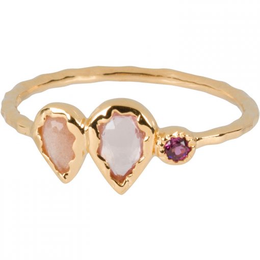 Rose-Cut Rose Quartz, Moonstone, and Garnet Ring in gold vermeil - Amata Jewelry by Ladini - Handcrafted in Hawai'i