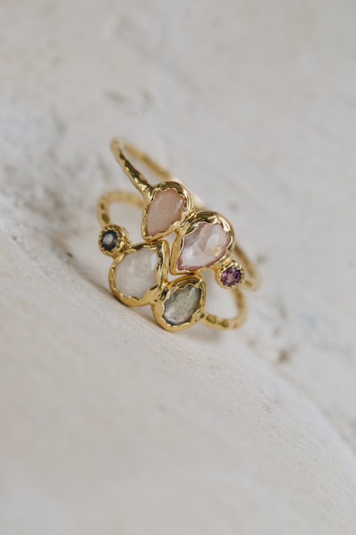 Rose-Cut Rose Quartz/Moonstone/Garnet and Labradorite/Moonstone/Iolite Rings in gold vermeil - Amata Jewelry by Ladini - Handcrafted in Hawai'i