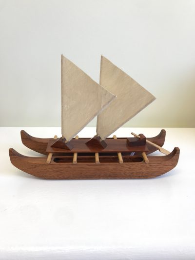Double-Hull Koa Canoe Sculpture by Dan Craig - Koa Wood with Tapa Cloth Sails - Handcrafted in Hawai'i 