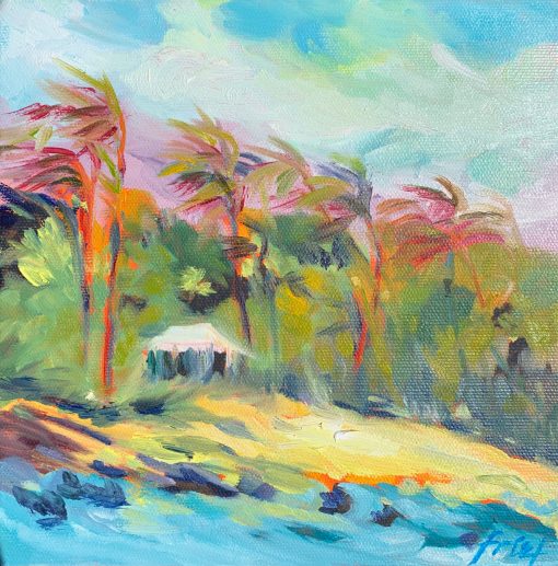 Amidst the Maui jungle, a massage tent peeks out. Original oil painting on canvas by Ellen Friel.