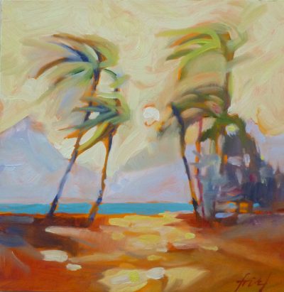 Dreamy palm trees sway in the breeze along the Maui shore. Original oil painting on board by Ellen Friel.