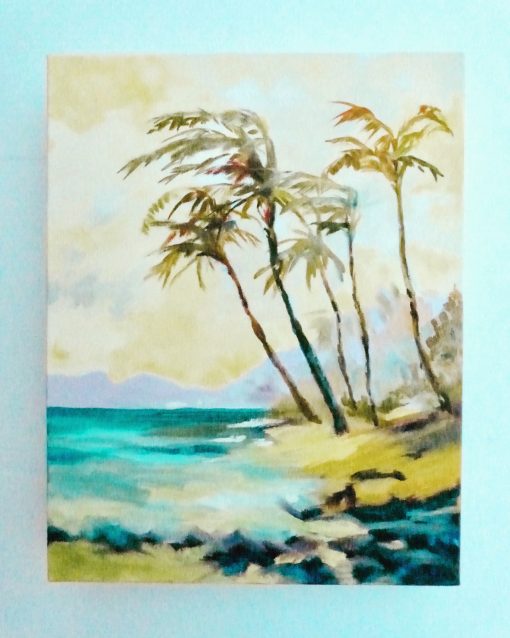 Dreamy palm trees sway in the breeze along the Maui shore. Original oil painting on canvas by Ellen Friel.