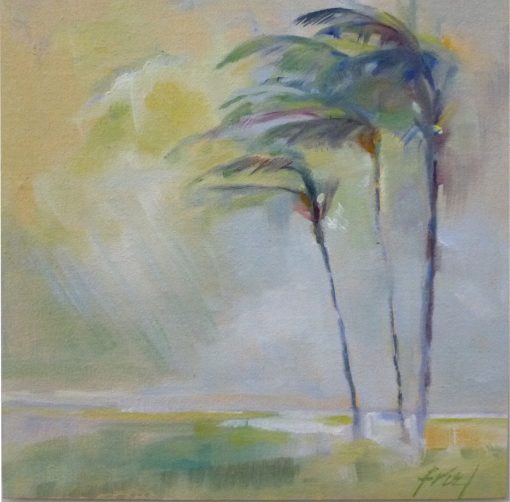 Dreamy palm trees sway in the breeze along the Maui shore. Original oil painting on board by Ellen Friel.