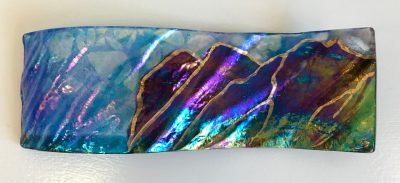 Hawai'i Rainbow Landscape Sculpture by Marian Fieldson. Lava flow-molded glass art with 22K gold accents handmade on Hawai'i.