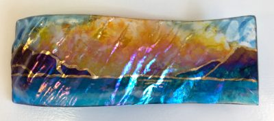 Hawai'i Sunset Landscape Sculpture by Marian Fieldson. Lava flow-molded glass art with 22K gold accents handmade on Hawai'i.