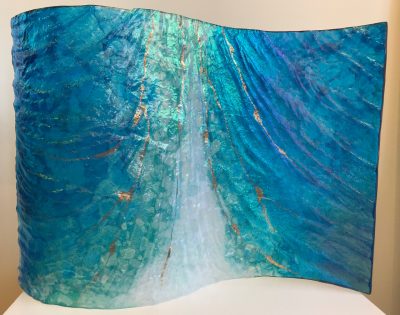 Hawai'i Seascape Wave Sculpture by Marian Fieldson. Lava flow-molded glass art with 22K gold accents handmade on Hawai'i.