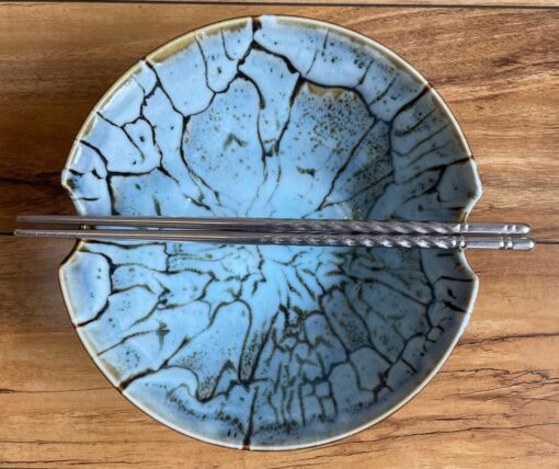 Notched Ceramic Chopstick Bowl by Curt Stevens - Pale Blue/Brown Crackle Glaze