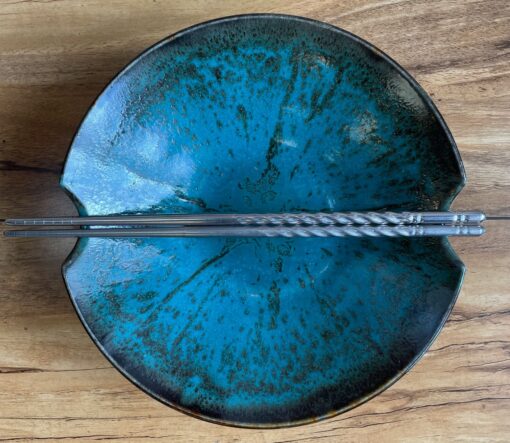 Notched Ceramic Chopstick Bowl by Curt Stevens - Turquoise/Black Drip Glaze