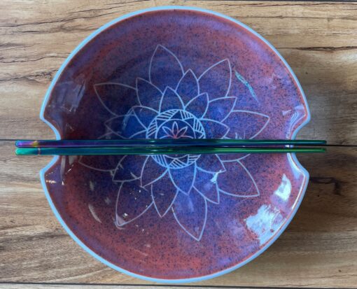 Notched Sgraffito Ceramic Chopstick Bowl by Curt Stevens - Orange/Blue Lotus