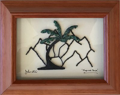 "Tropical Palm" Bronze/Pewter Framed Shadowbox Sculpture by John Ilnicki