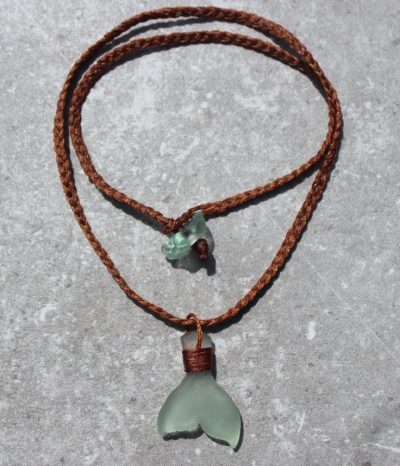 Seafoam Sea Glass Whale Tail Necklace by Sam Grim - SAM893