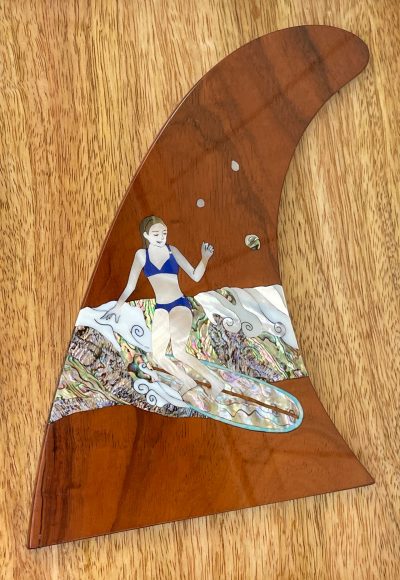 "Dream Surf" Wood and Shell Inlay Decorative Surfboard Fin by Maho Shaw