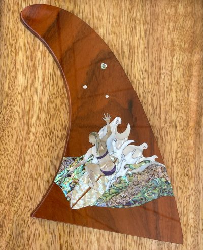 "Ripping" Wood and Shell Inlay Decorative Surfboard Fin by Maho Shaw