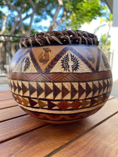 Medium Gourd Bowl with Fish Hooks and Wana (Sea Urchin) Designs by Neola Caveny - NEC133