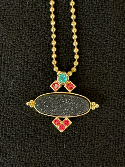 Druzy Onyx Pendant with Paraiba Tourmaline and Jedi Pink Spinel with 18K Gold Findings by Patricia Van Wagoner