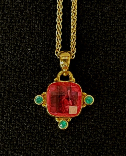 Cushion-Cut Rhodochrosite Pendant with Paraiba Tourmaline and 22k Gold Findings by Patricia Van Wagoner