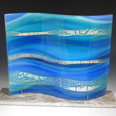 Ocean Blues Fused Glass Wave Sculpture with Silver Leaf by Christiane (Karuna) Santoro - KSW01