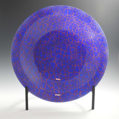 Blue and Orange Sparkling Crackle Fused Glass Bowl with Stand by Christiane (Karuna) Santoro - KSCR6