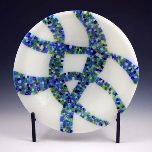 Pacific Swirl - White, Blue and Green Murrini Fused Glass Bowl with Stand by Christiane (Karuna) Santoro - KSMB02