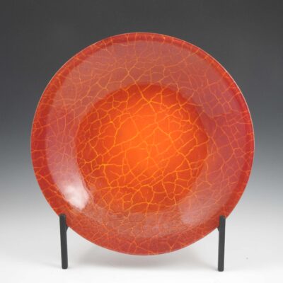 Red and Orange Sparkling Crackle Fused Glass Bowl with Stand by Christiane (Karuna) Santoro - KSCR5