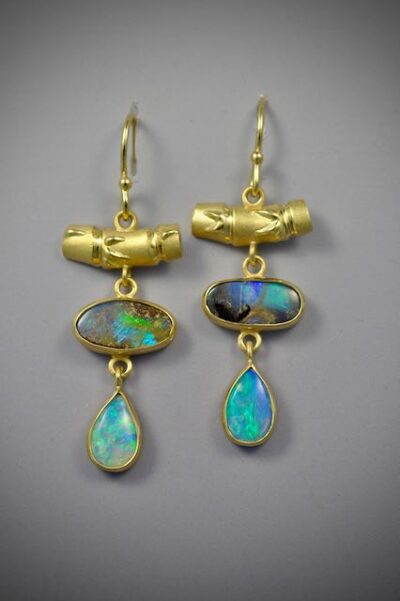 18K Gold Bamboo Bar Earrings with Australian Boulder Opal Crystal by Carol and Michael Schwarz - CMS567