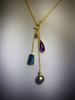 Mermaid Treasures Necklace in 18K Gold with Pink Tourmaline, Amethyst, Australian Boulder Opal, Moissanite, and Tahitian Pearl by Carol and Michael Schwarz - CMS561