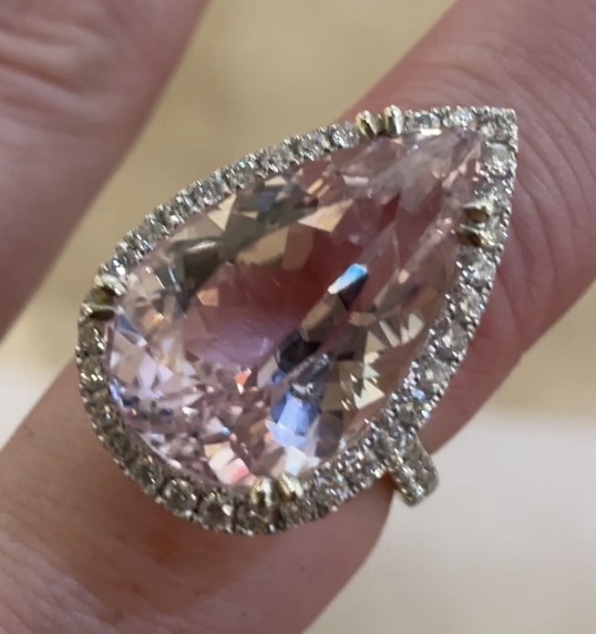 14K White Gold Ring with Teardrop Kunzite and Diamonds by Val Nunns