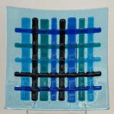 Square Fused Glass Plate in Blues - Basketweave by Susie Donaldson - SUD024