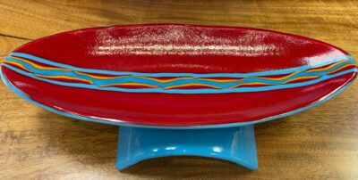 Oval Fused Glass Platter in Red & Light Blue with Stand - Surfin' Safari by Susie Donaldson - SUD056