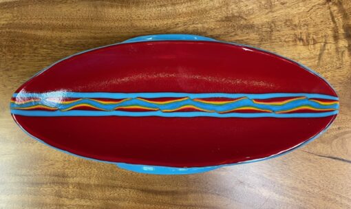 Oval Fused Glass Platter in Red & Light Blue with Stand - Surfin' Safari by Susie Donaldson - SUD056