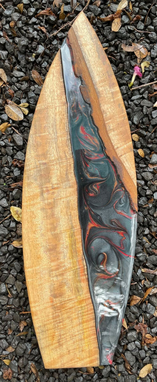 Mango Wood and Black/Red Swirled Resin Surfboard by Kolton Kallas - EXAMPLE