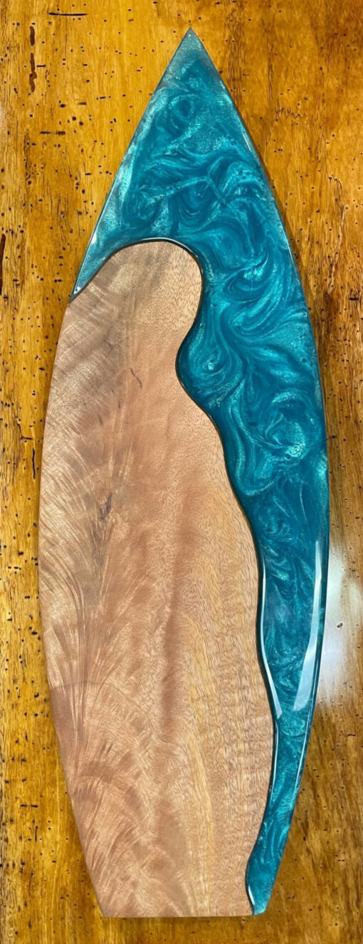 Mango Wood and Turquoise Swirled Resin Surfboard by Kolton Kallas - EXAMPLE