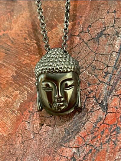 Black silver Buddha head pendant on chain