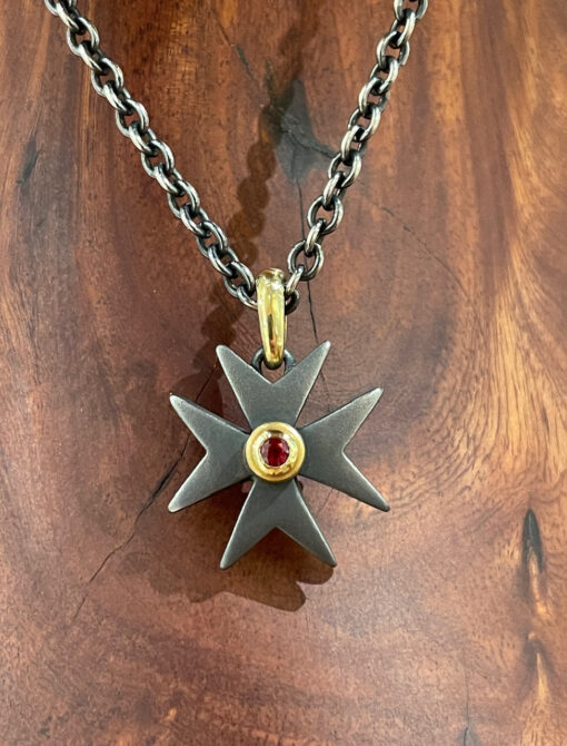 Oxidized Silver Maltese Cross with Red Sapphire in 18K Yellow Gold on Chain by Cathleen Bunt - CTB03