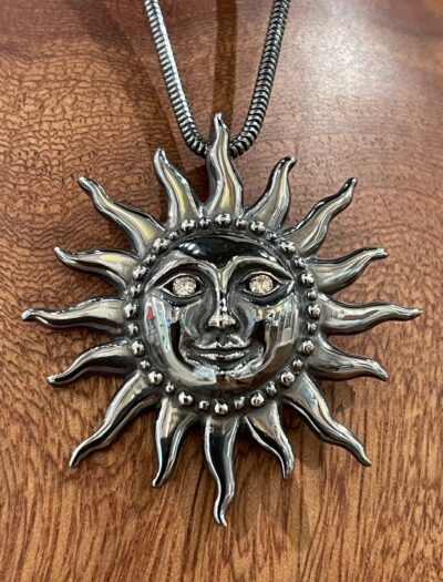 Oxidized Silver Sun Pendant with Diamond Eyes on Chain by Cathleen Bunt - CTB06