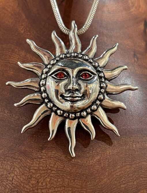 Sterling and Oxidized Silver Sun Pendant with Orange Sapphire Eyes on Chain by Cathleen Bunt - CTB07