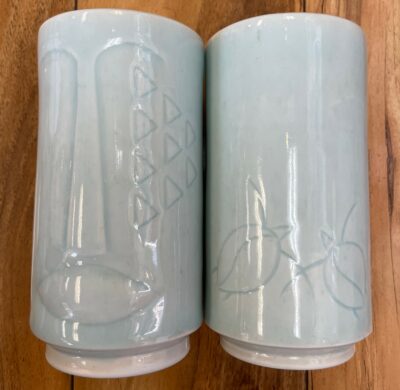 Pale Blue Sgraffito Ceramic Tiki Cup by Curt Stevens