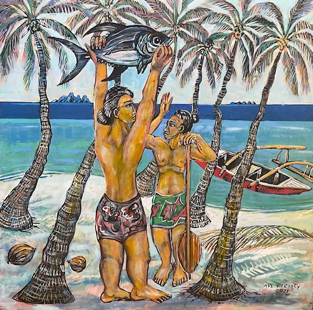 Fish Gifts (Hawaiian Kane Men with Fish on Beach) - Original Oil