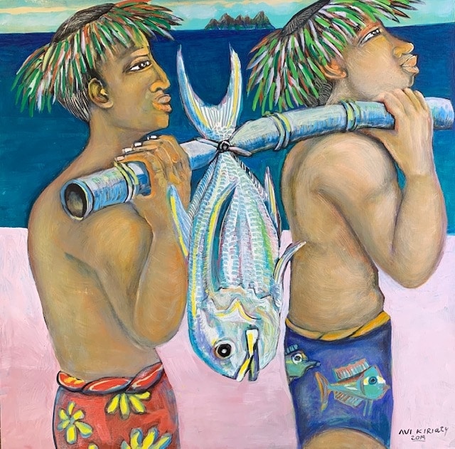 Fish Gifts (Hawaiian Kane Men with Fish on Beach) - Original Oil Painting  Hawaii - Maui Hands