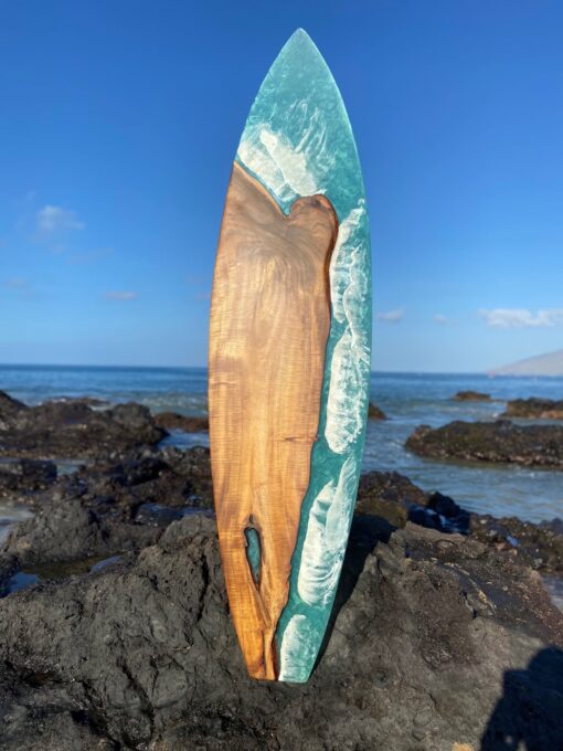 Koa Wood and Resin Six Foot Display Surfboard by Kolton Kallas