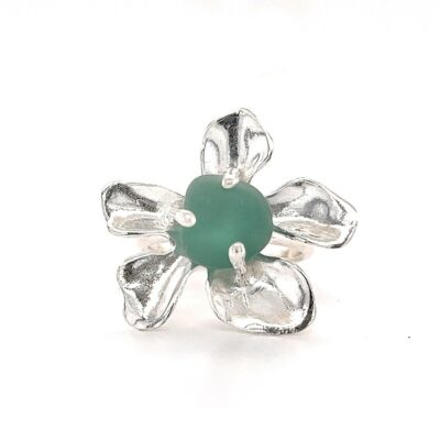 Silver Plumeria Flower Ring with Teal Sea Glass by Ingrid Lynch - TFJ008T