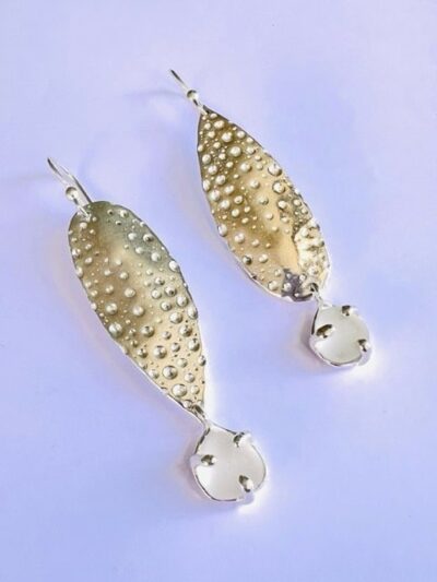 Oblong Silver Urchin Earrings with White Sea Glass by Ingrid Lynch - TFJ002W