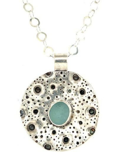 Round Silver Urchin Necklace with Aqua Sea Glass by Ingrid Lynch - TFJ005A