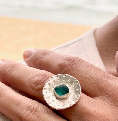 Round Silver Urchin Ring with Teal Blue Sea Glass by Ingrid Lynch - TFJ007TB