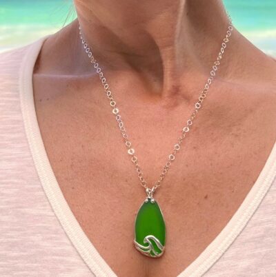 Silver Open Wave Necklace with Green Glass by Ingrid Lynch - TFJ006G