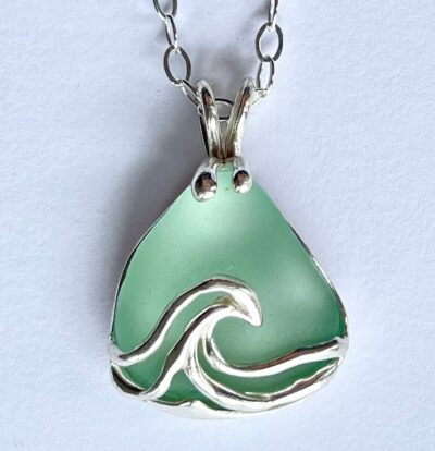 Silver Open Wave Necklace with Aqua Sea Glass by Ingrid Lynch - TFJ006A