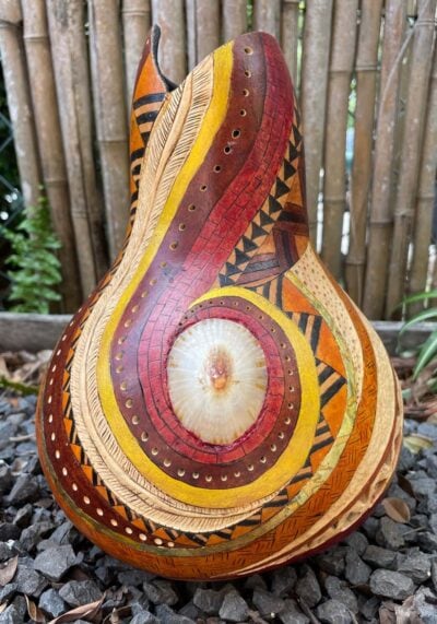 Kapa & Polynesian Tattoo Gourd with Opihi Shells by Neola Caveny - NEC136