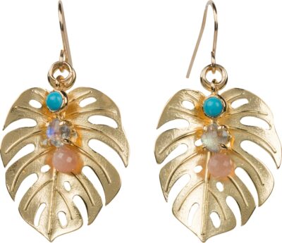 Monstera Leaf Earrings with Labradorite, Turquoise & Peach Moonstone 18K Gold Vermeil - Amata Jewelry