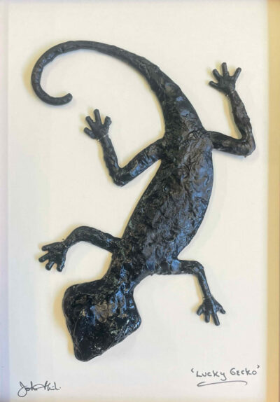 "Lucky Gecko" Bronze/Pewter Framed Shadowbox Sculpture by John Ilnicki